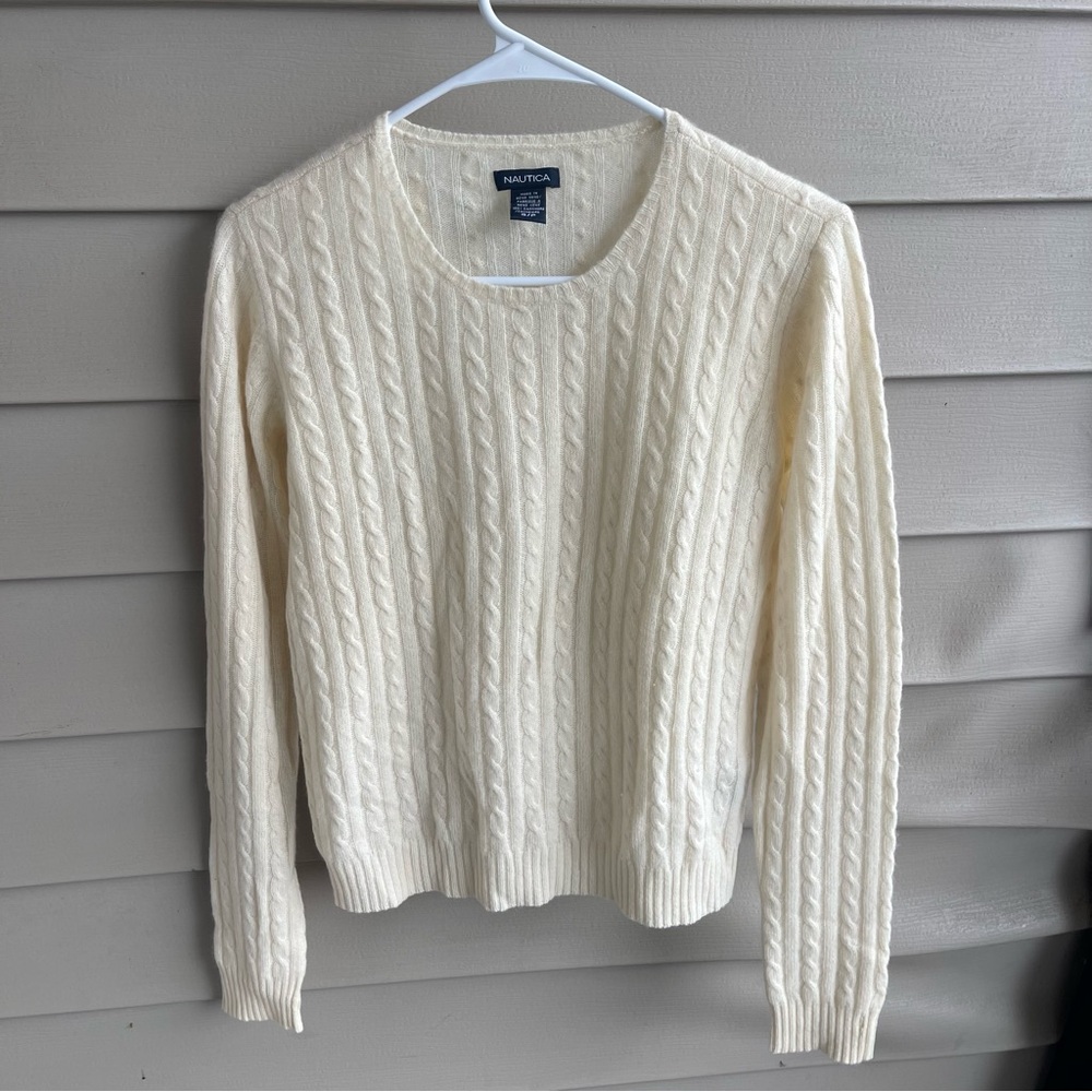 Nautica Cable Knit‎ Cashmere Sweater Womens Small Ivory Old Money Academia